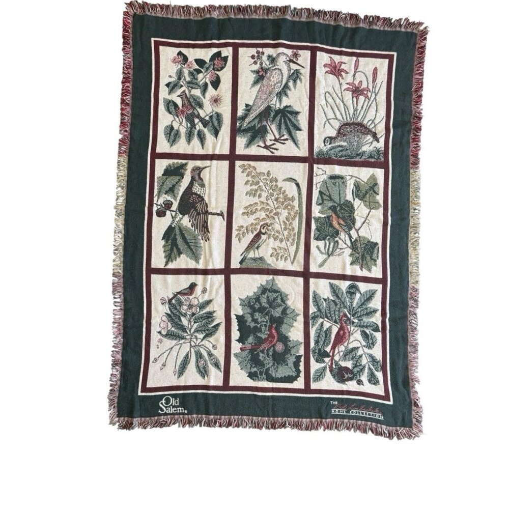 Old Salem Bob Timberlake Tapestry Throw Blanket Wild Birds Red Green White 48x68